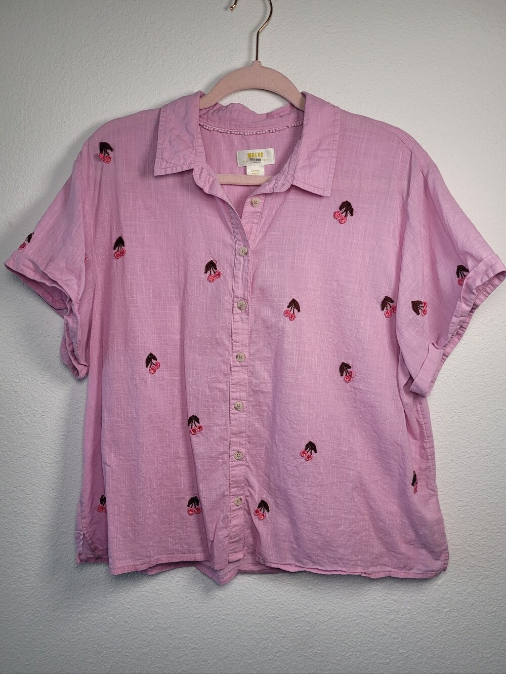 Maeve Anthro Pink Embroidered Cherry Short Sleeve Button Down Top L Cottagecore